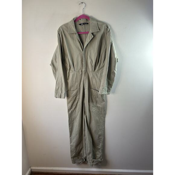 Zara Long Tan Cargo Jumpsuit Cotton Small Missing Belt 4661/337 Utility Chore - Picture 2 of 16